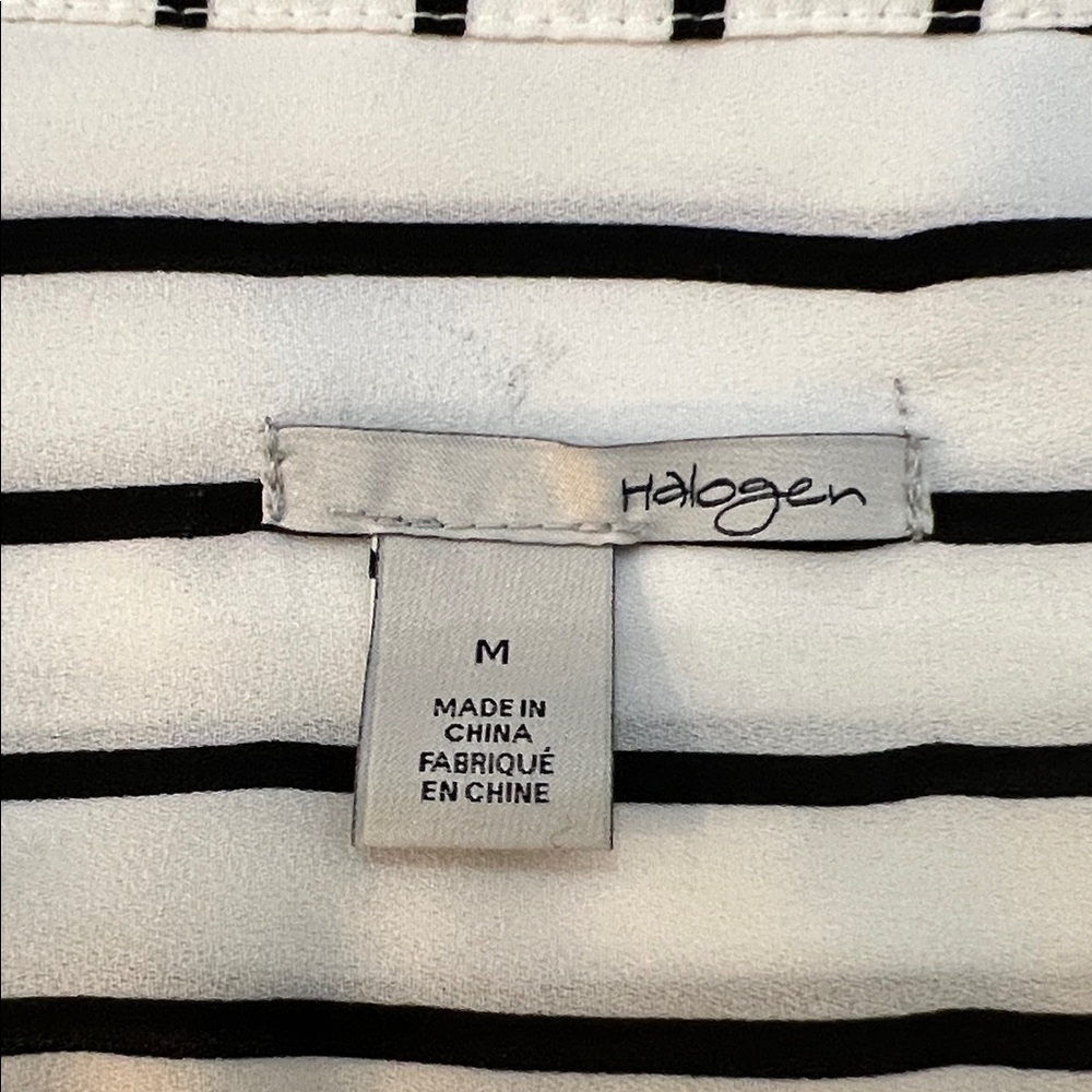 Halogen Black and White Striped Button Down Shirt Roll Tab Sleeves Smile Hem - Picture 2 of 9